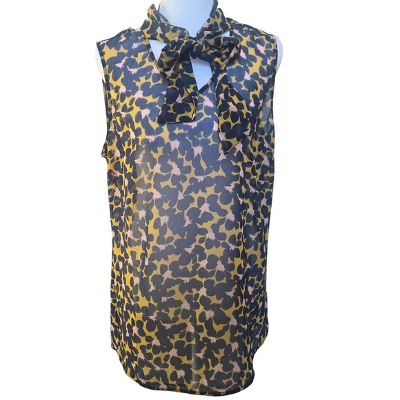 CAbi Tops - Cabi 3790 Sleeveless Tie Neck Blouse Yellow Navy Abstract Floral Chiffon Top M